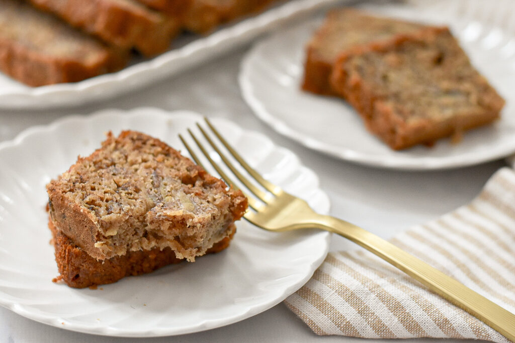 moist banana bread recipe on a plate