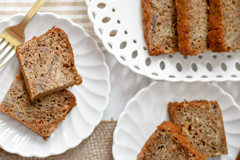 moist low sugar banana bread on plates