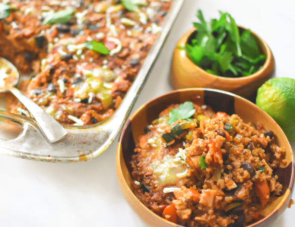 Chicken enchilada casserole in dish