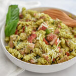 Pesto pasta salad in bowl