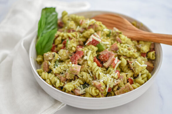 Pesto pasta salad in bowl