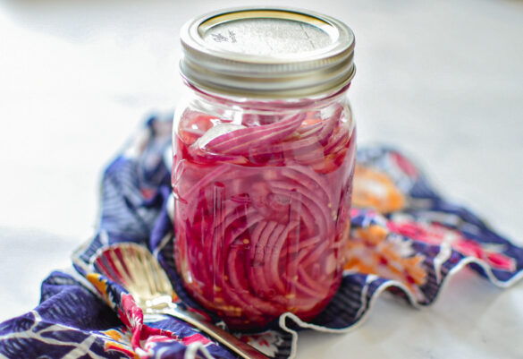 Quick pickled red onions in jar