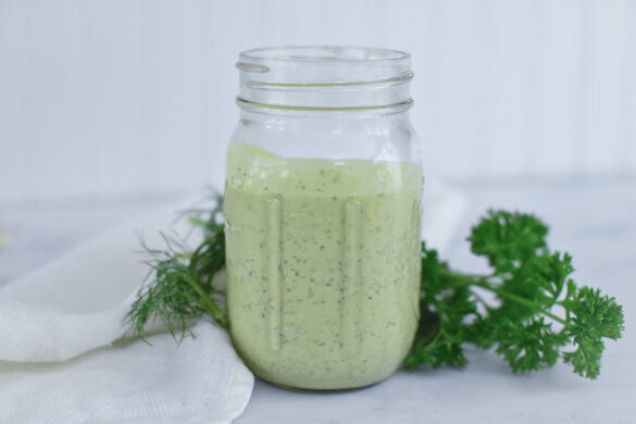 lemony green goddess dressing in jar