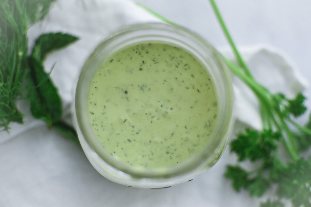 lemony green goddess dressing in jar