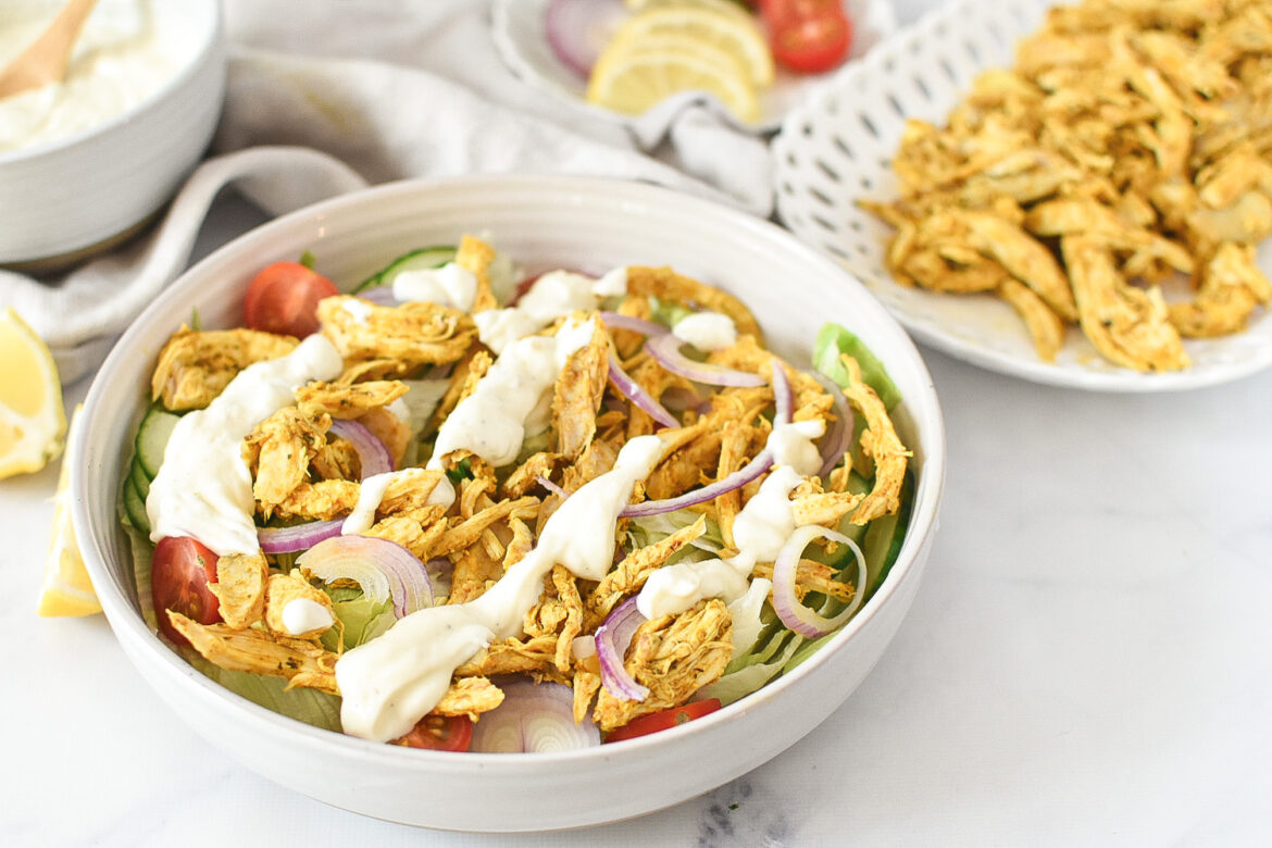 halal cart chicken salad with garlic lemon sauce