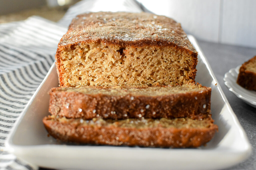 close up of apple cider donut loaf cake